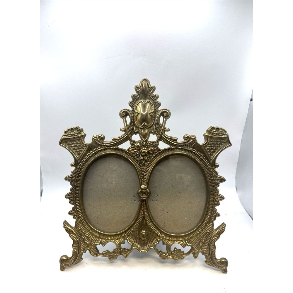 Vintage Victorian Rococo Ornate Cast Brass Double Photo flowers Frame 10.5 in